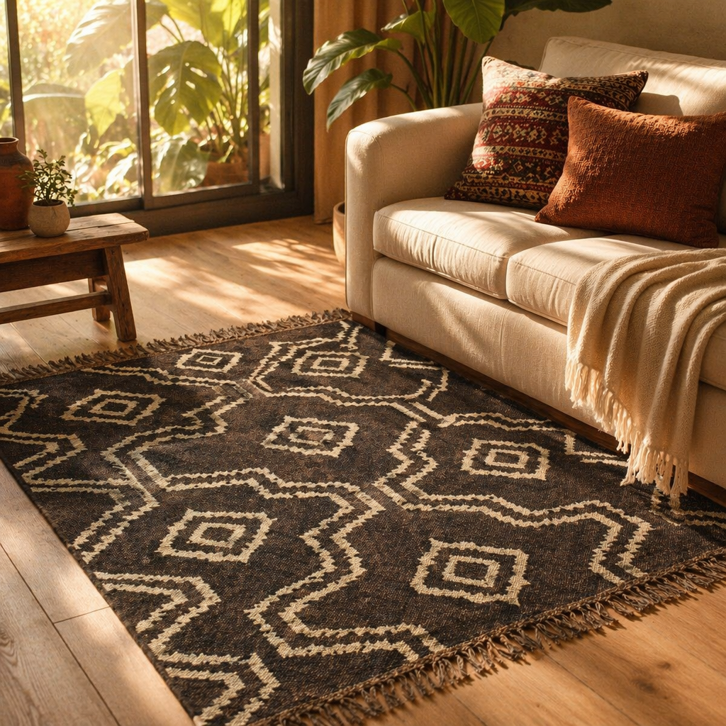 Monochrome Geometric Punja-Woven Jute & Wool Rug, The Woven Floor. Handmade in India by House of Taraasha.