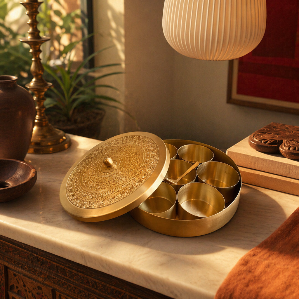 Moradabad Traditional Pure Brass Masala Dabba, The Brass Atelier. Handmade in India by House of Taraasha.