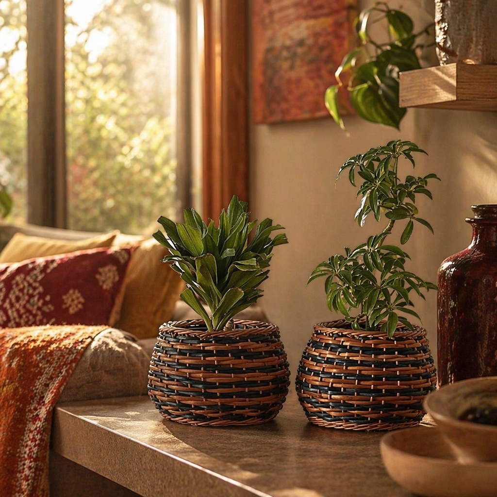 Indigo and Brown Kashmiri Willow Wicker Planter, The Art Wall. Handmade in India by House of Taraasha.