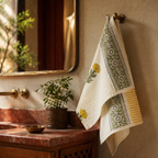 Marigold Pattern Hand Block-Printed Cotton Towels, The Linen Room. Handmade in India by House of Taraasha.