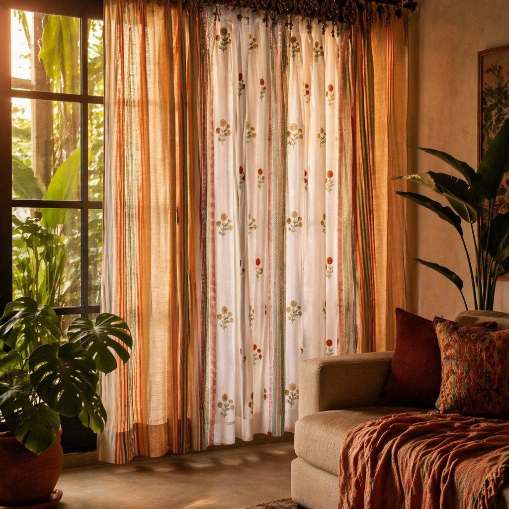 Handwoven & Block-Printed Set Ivory, Rust, Mustard and Teal, The Draped Window. Handmade in India by House of Taraasha.