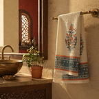 Peach and Teal Hand Block-Printed Waffle Cotton Towel Set, The Linen Room. Handmade in India by House of Taraasha.