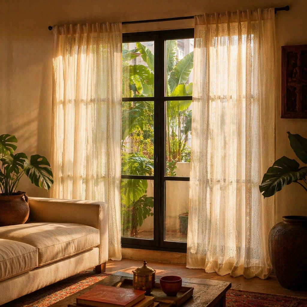 Chanderi Dot Handwoven Missing-Weave Semi-Sheer Curtain, The Draped Window. Handmade in India by House of Taraasha.