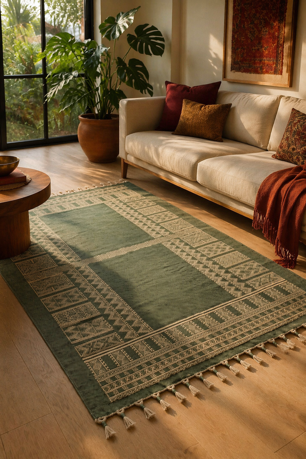 Jaipuri Olive Hand Block-Printed Cotton Dhurrie, The Woven Floor. Handmade in India by House of Taraasha.