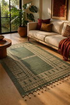Jaipuri Olive Hand Block-Printed Cotton Dhurrie, The Woven Floor. Handmade in India by House of Taraasha.