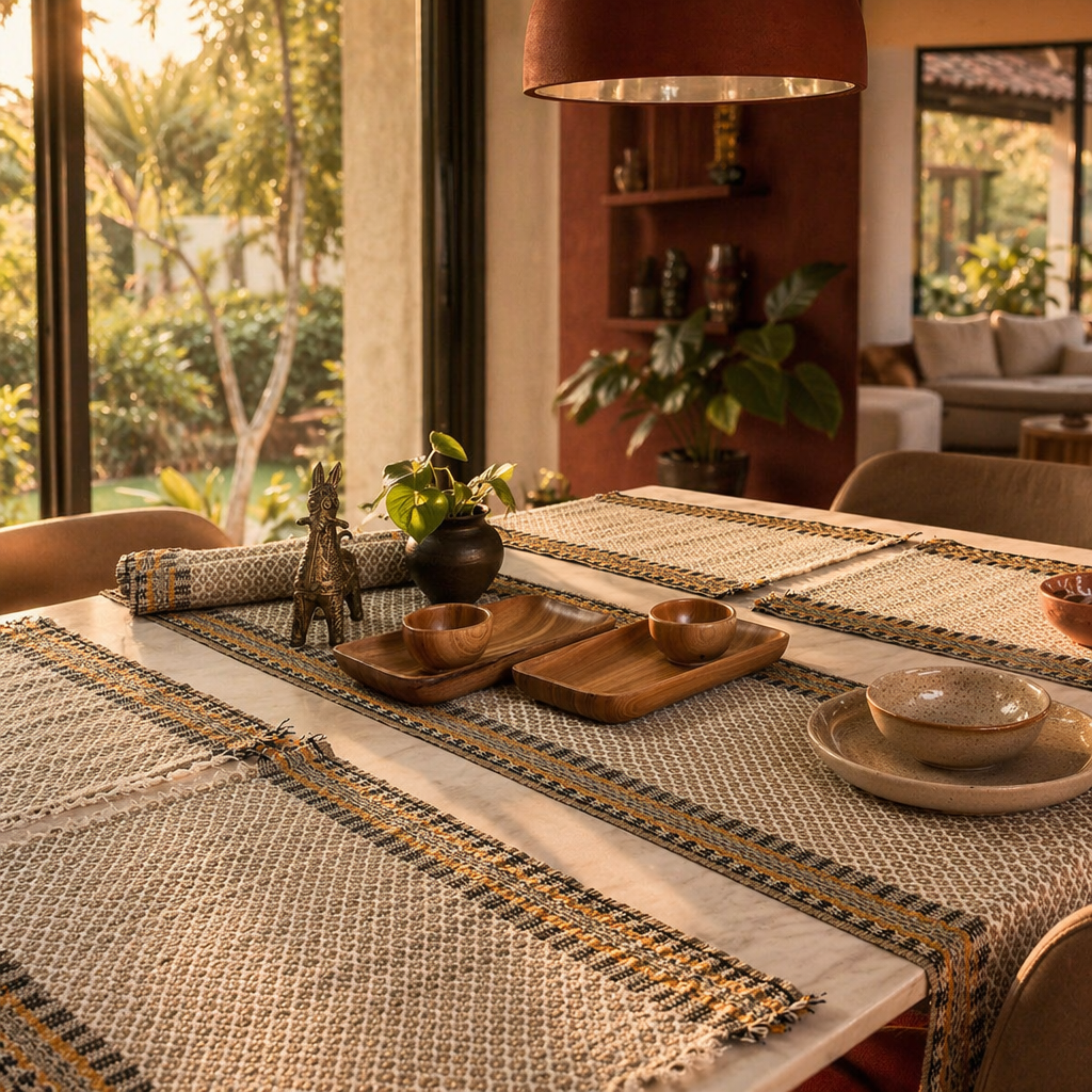 Madur Beige Handwoven Grass Mat & Runner Set, The Gathered Table. Handmade in India by House of Taraasha.