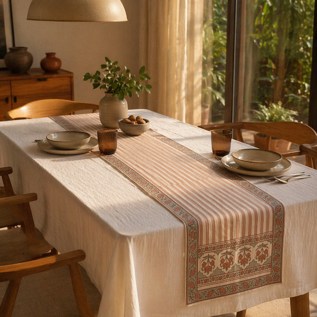 Royal Pink Pure Cotton Floral Table Runner, The Gathered Table. Handmade in India by House of Taraasha.
