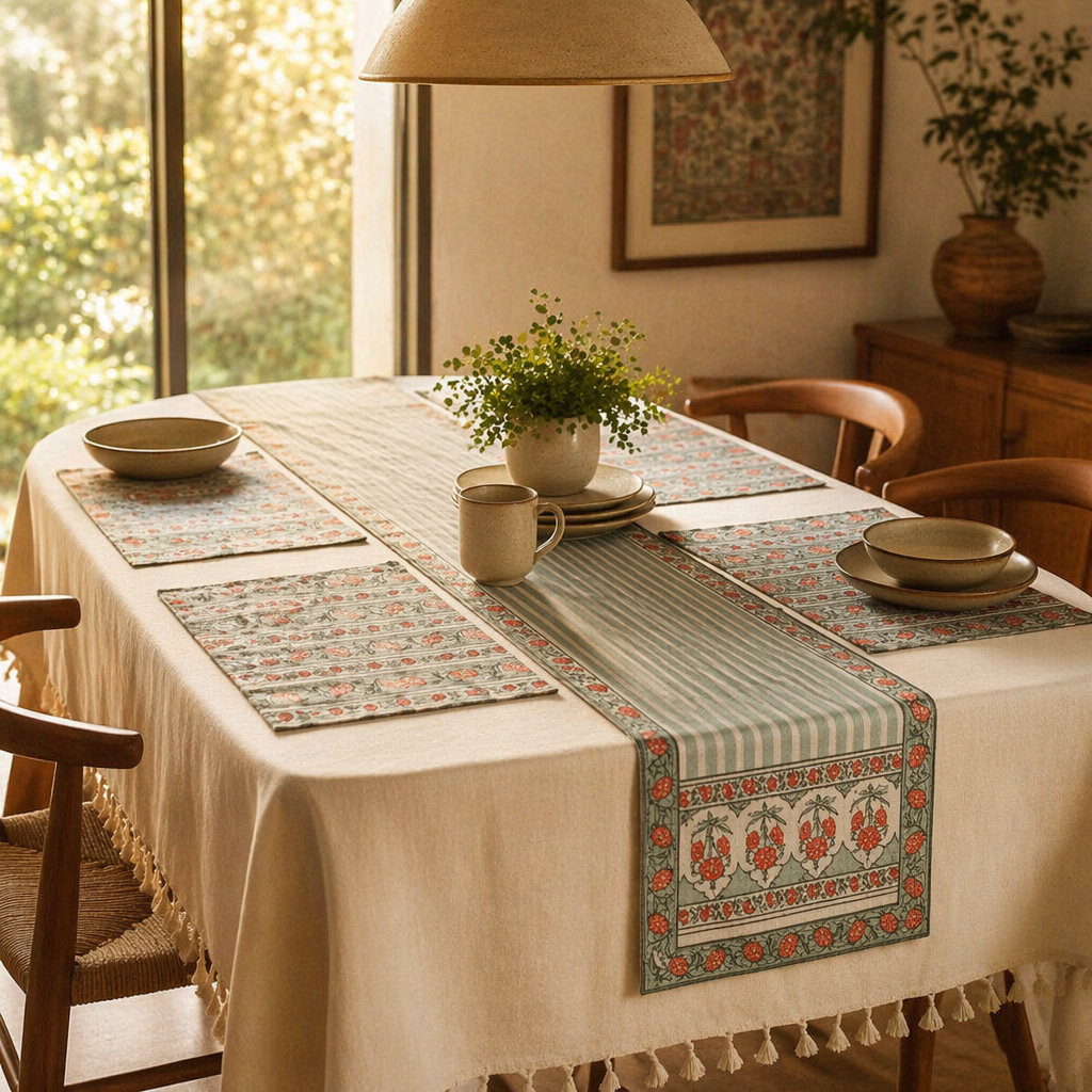 Green & Dusty Pink Floral Cotton Runner & Mat Set, The Gathered Table. Handmade in India by House of Taraasha.