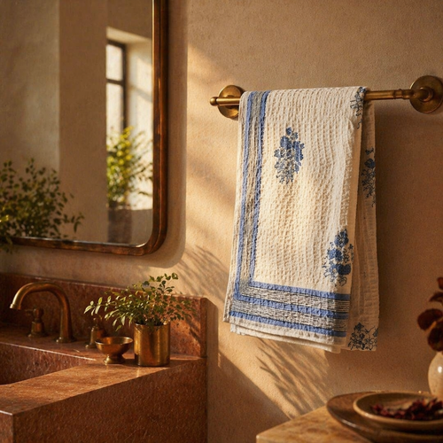 Blue Floral Hand Block-Printed Cotton Bath Towel, The Linen Room. Handmade in India by House of Taraasha.