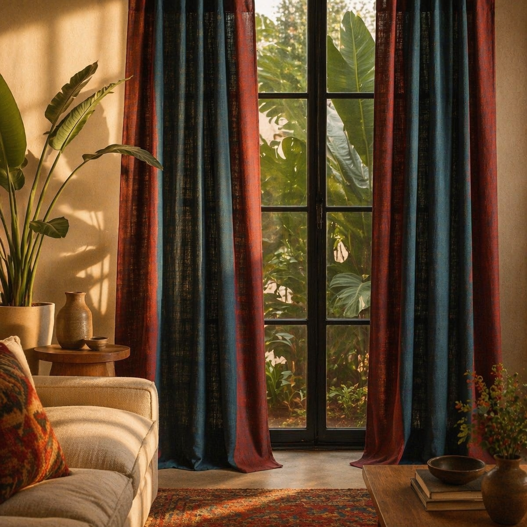 Chintz Navy Blue Hand-Printed Cotton Door Curtain, The Draped Window. Handmade in India by House of Taraasha.