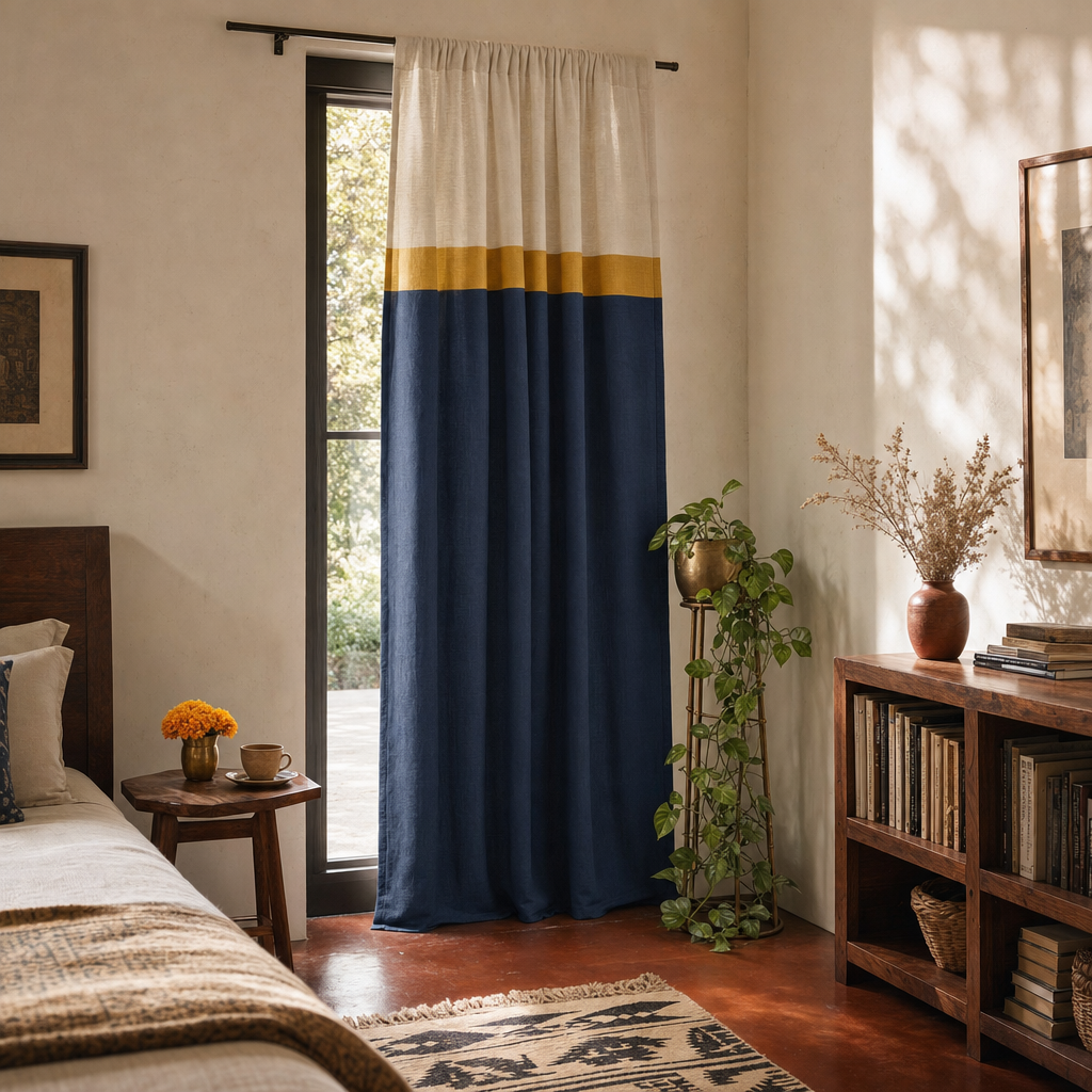 Reversible Navy Blue and Off-White Door Curtain in a modern home