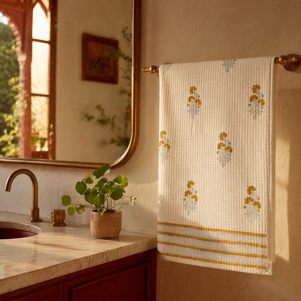 Floral Hand-Printed Waffle Weave Bath Towel, The Linen Room. Handmade in India by House of Taraasha.