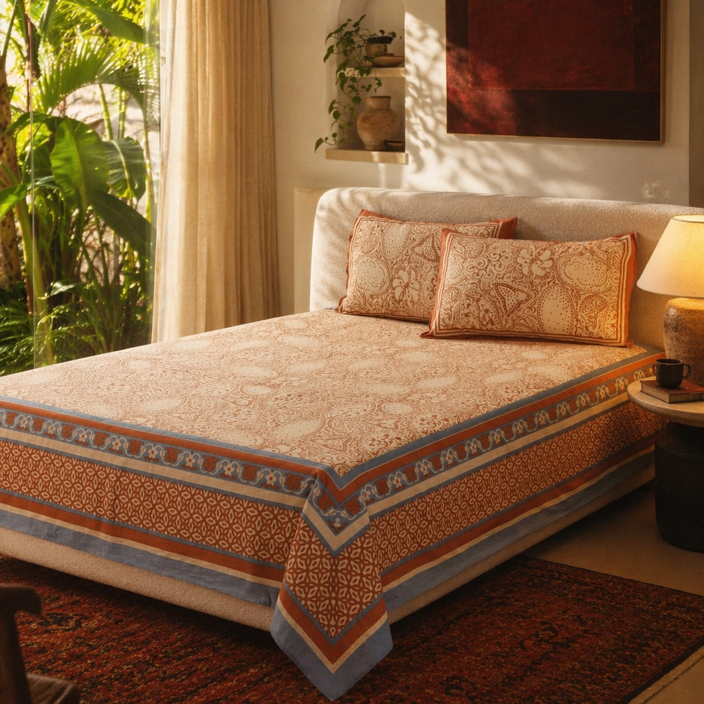Chintz Ivory, Brick Red and Navy Bedsheet, The Linen Room. Handmade in India by House of Taraasha.