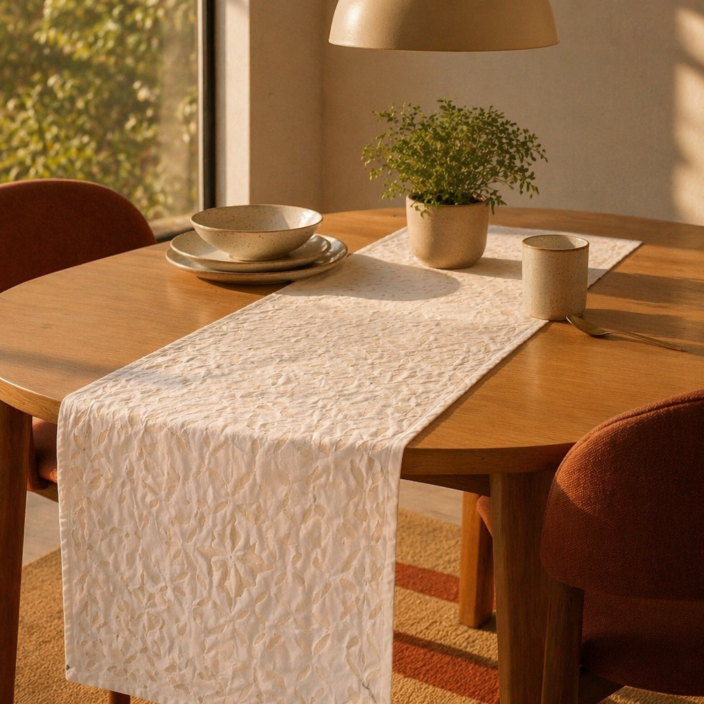 Applique Cutwork Runner Lily White with Mirrors, The Gathered Table. Handmade in India by House of Taraasha.