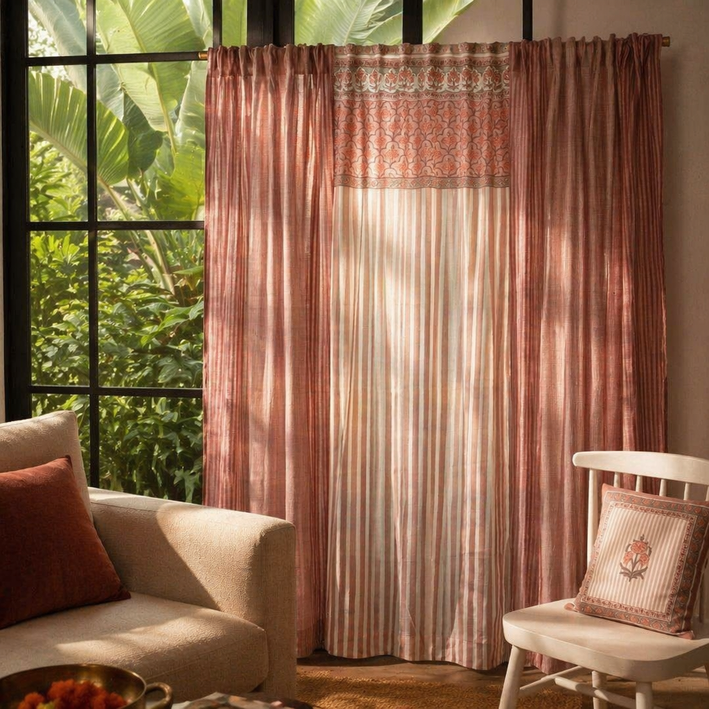 Royal Courtyards Dusty Pink & Off-White Woven-Printed Set of Three, The Draped Window. Handmade in India by House of Taraasha.