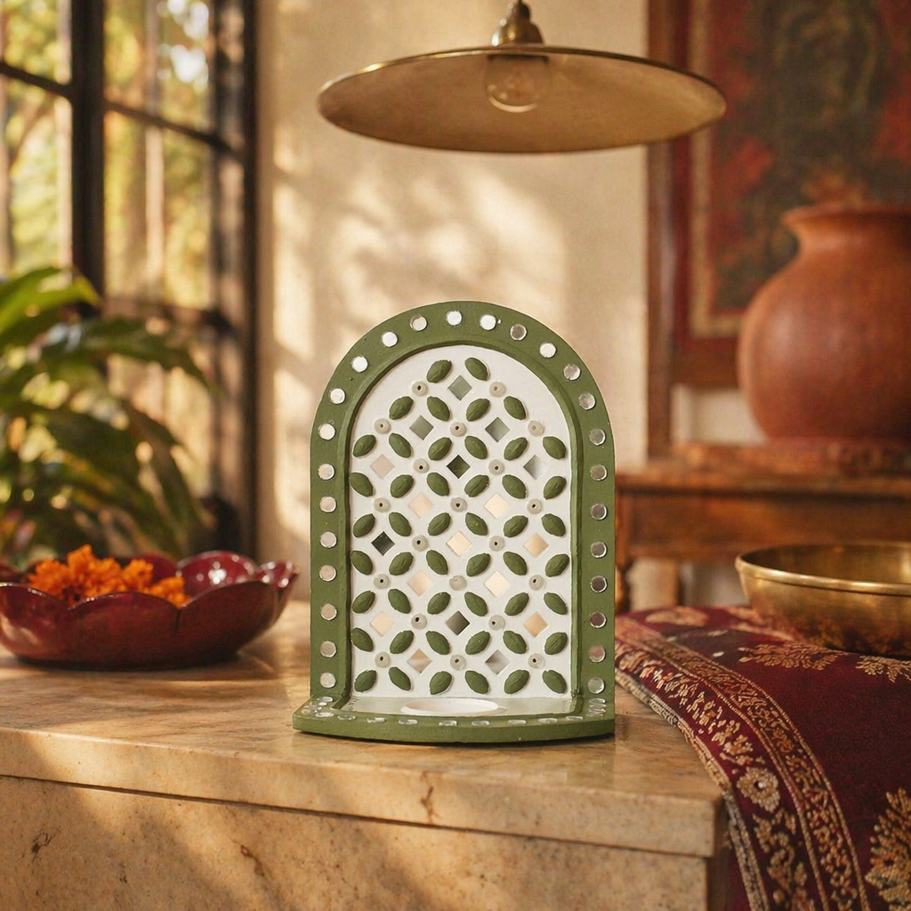 Green Lippan Mud and Mirror Tea Light Holder, Still Light. Handmade in India by House of Taraasha.