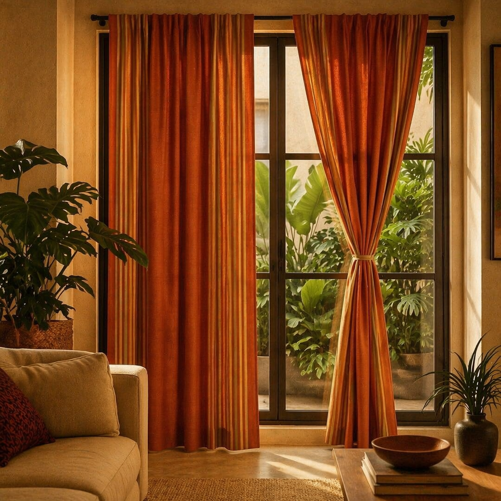 Handwoven Apricot and Rust Door Curtain, The Draped Window. Handmade in India by House of Taraasha.