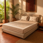 Marigold Taupe and Off-White Block-Printed Bedsheet, The Linen Room. Handmade in India by House of Taraasha.