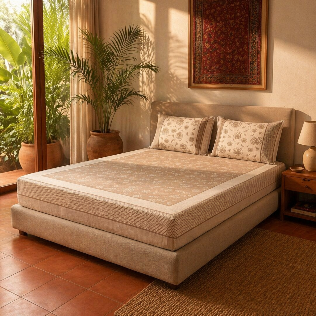 Marigold Taupe and Off-White Block-Printed Bedsheet, The Linen Room. Handmade in India by House of Taraasha.