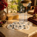 Agra White Marble Coasters with Pietra Dura Inlay, The Brass Atelier. Handmade in India by House of Taraasha.