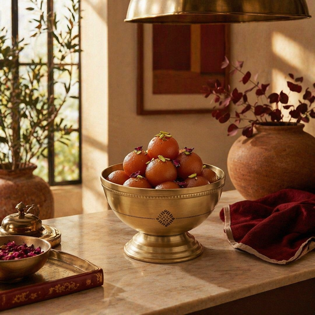 Kanjeevaram Brass Polished Serving Bowl, The Brass Atelier. Handmade in India by House of Taraasha.