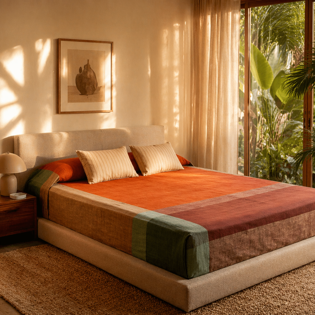 Marigold Rust Handwoven Cotton Bed Cover, The Linen Room. Handmade in India by House of Taraasha.