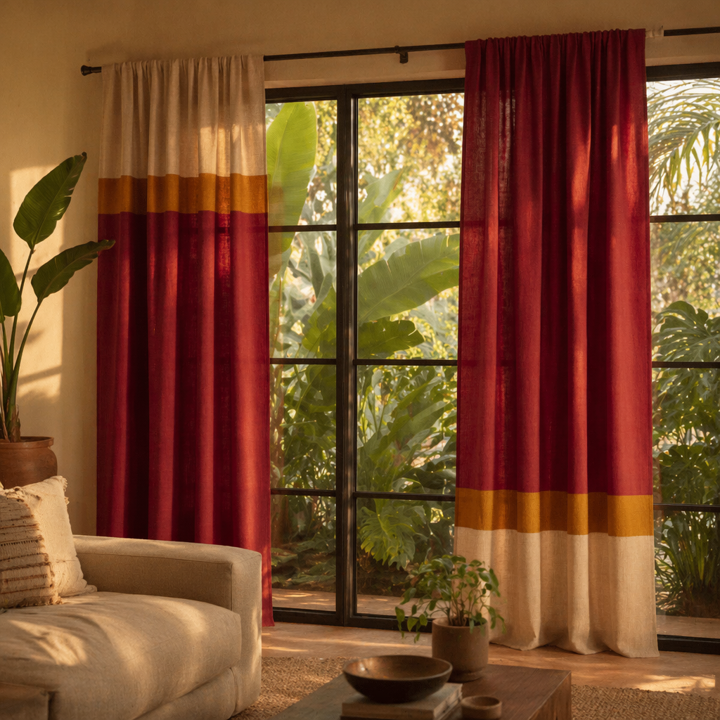 Reversible Maroon and Off-White Door Curtain, The Draped Window. Handmade in India by House of Taraasha.