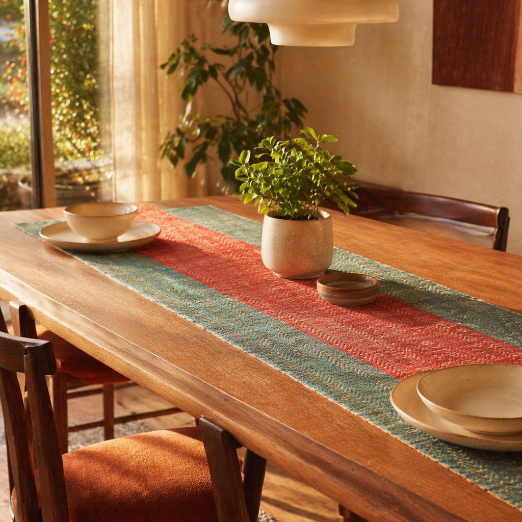 Madur Teal & Red Handwoven Grass Runner, The Gathered Table. Handmade in India by House of Taraasha.