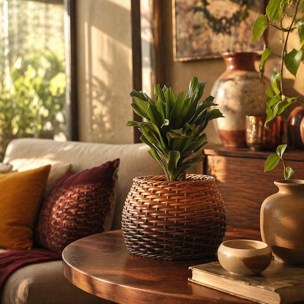 Brown to Indigo Kashmiri Willow Wicker Planter, The Art Wall. Handmade in India by House of Taraasha.