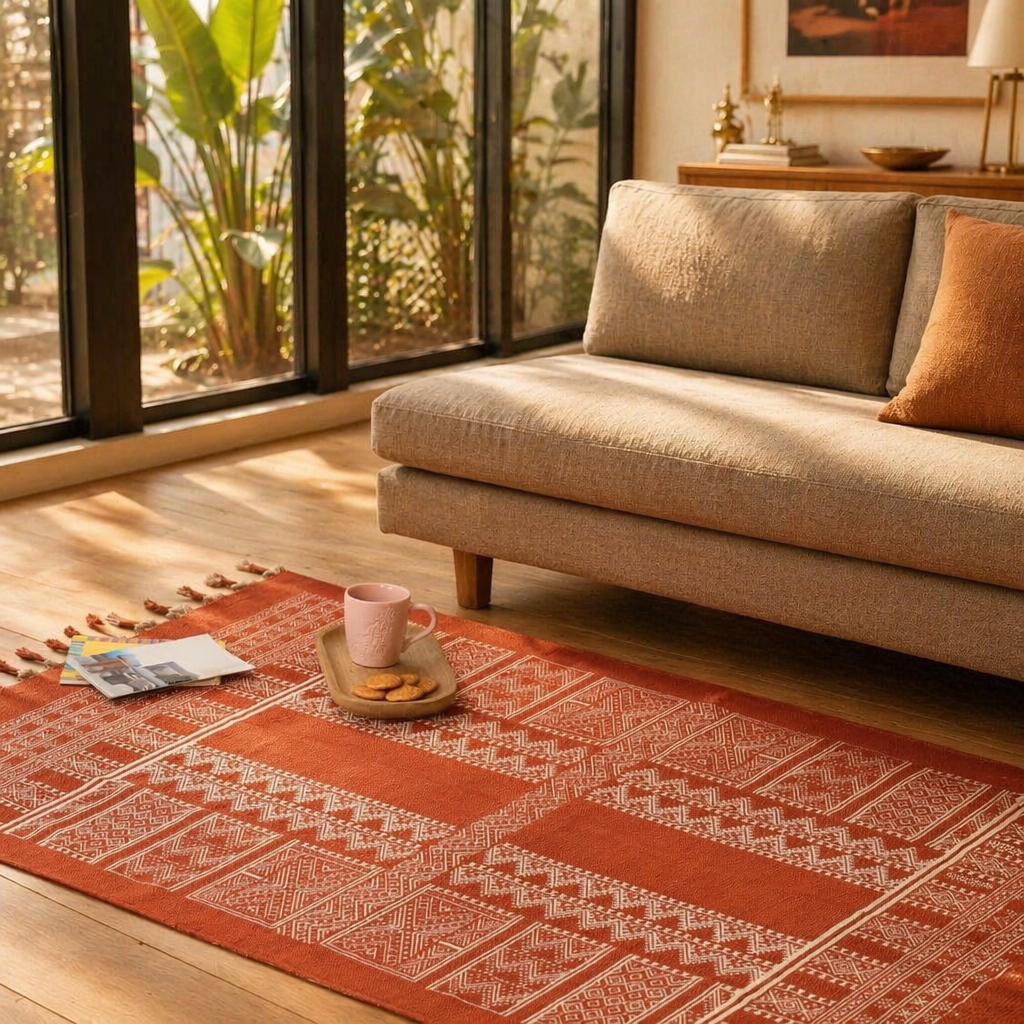Mandana Rust Hand-Printed Tribal Pattern Cotton Rug, The Woven Floor. Handmade in India by House of Taraasha.