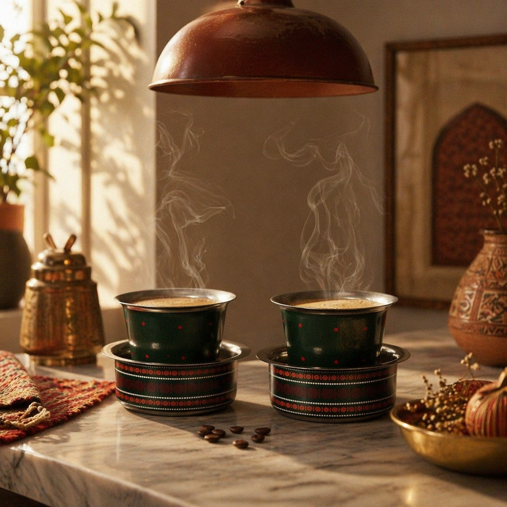 Kanjeevaram Enamel Steel Coffee Dabara Set, The Brass Atelier. Handmade in India by House of Taraasha.