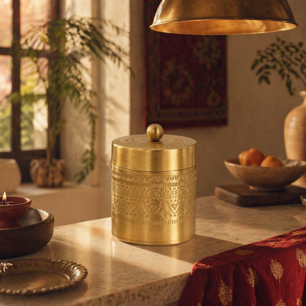 Moradabad Floral-Etched Pure Brass Dabba, Large, The Brass Atelier. Handmade in India by House of Taraasha.