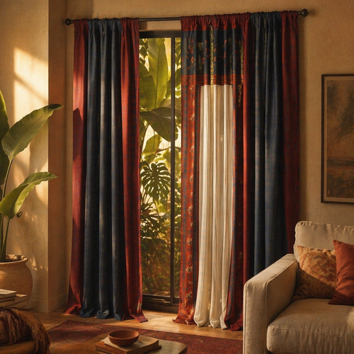 Chintz Assorted Set Ivory, Navy and Maroon Cotton Curtains, The Draped Window. Handmade in India by House of Taraasha.