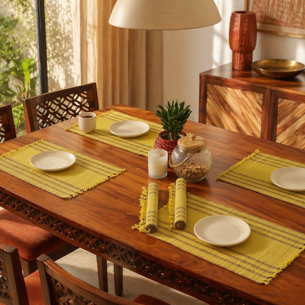Madur Grass Woven Table Mats Lemon Yellow, The Gathered Table. Handmade in India by House of Taraasha.