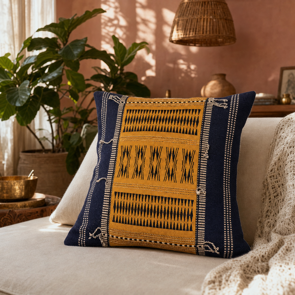 Naga Tribal Backstrap-Woven Mustard and Black Cushion Cover in a modern home