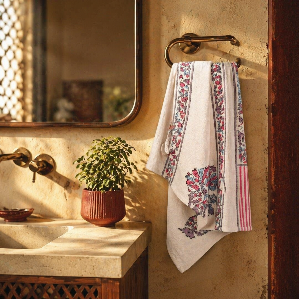 Petal Pattern Hand Block-Printed Cotton Towel Set, The Linen Room. Handmade in India by House of Taraasha.