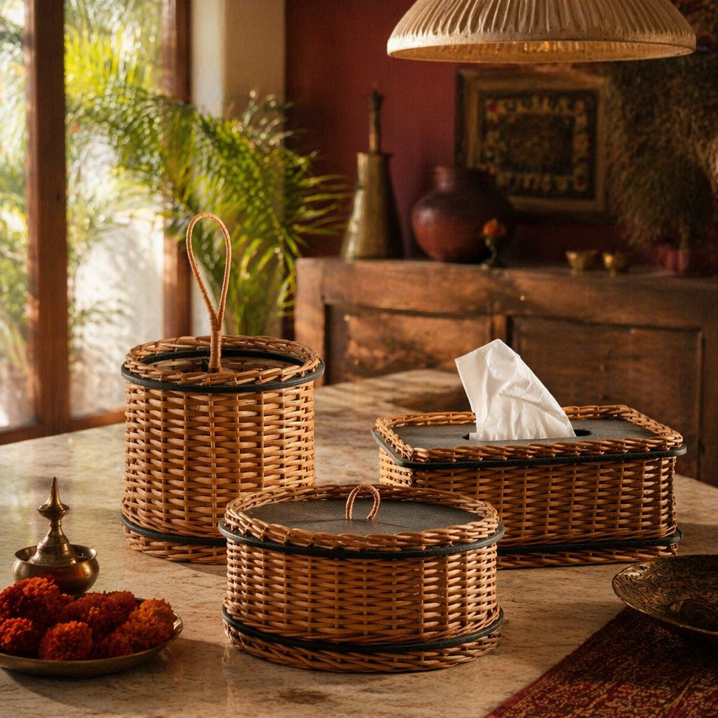 Kashmir Willow Storage Box, Tissue Box & Cutlery Caddy, The Wicker House. Handmade in India by House of Taraasha.
