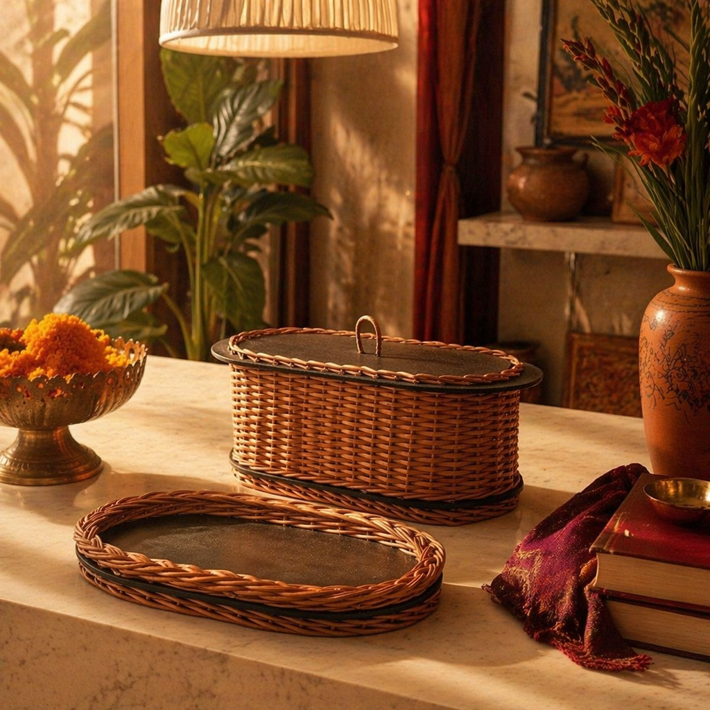 Kashmiri Willow Wicker Bread Box & Serving Tray, The Brass Atelier. Handmade in India by House of Taraasha.