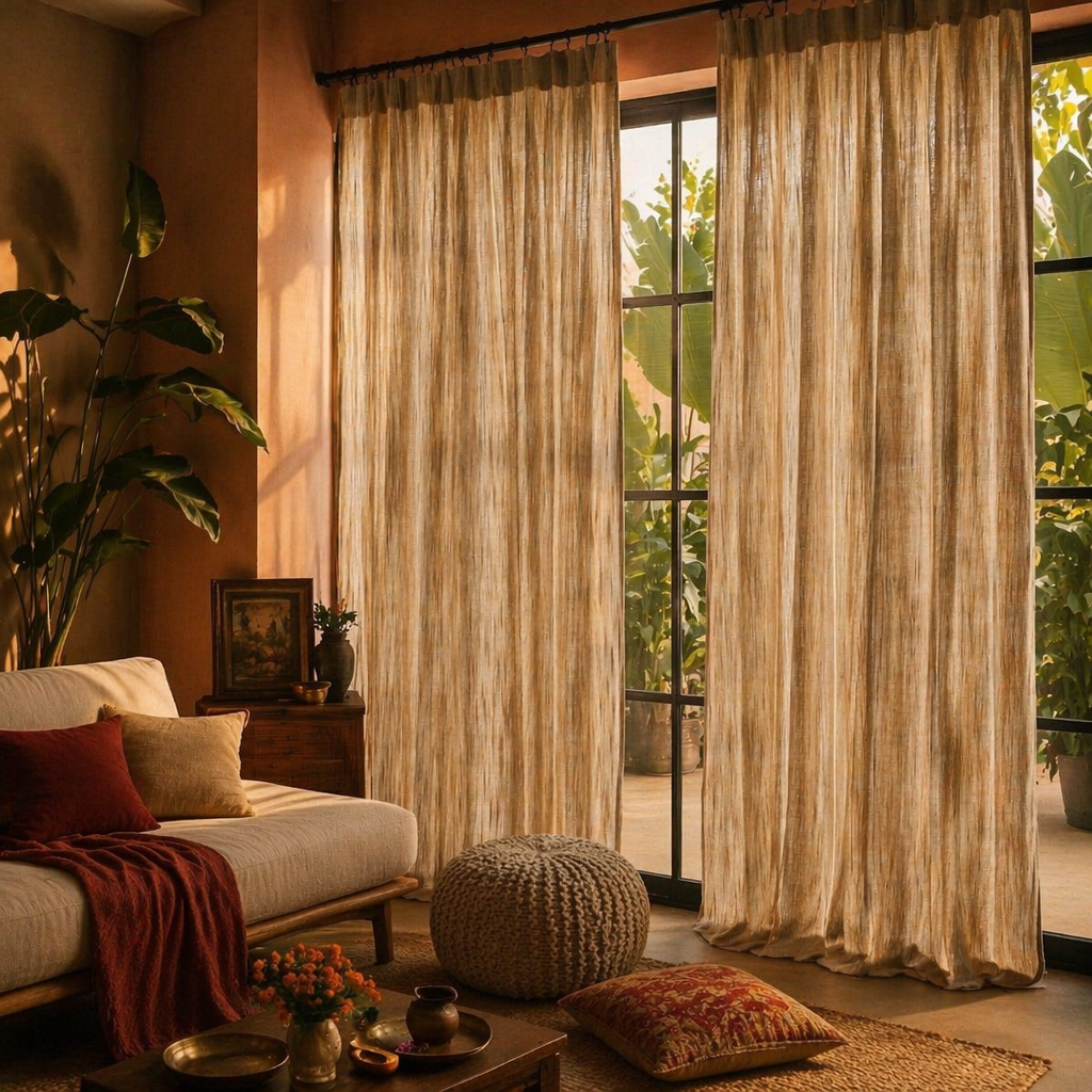 Handwoven Stripe Beige Cotton Curtain, The Draped Window. Handmade in India by House of Taraasha.