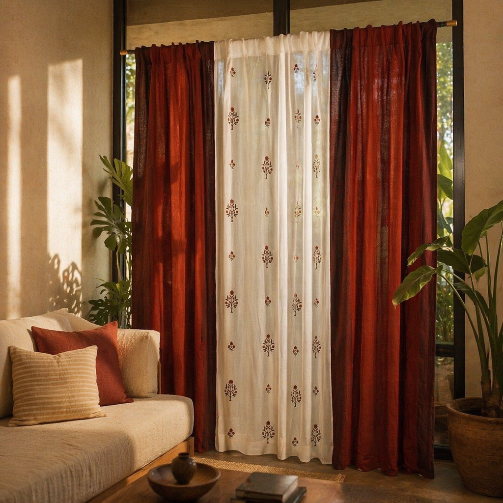 Royal Courtyards Rust & Maroon Woven-Sheer Set of Three, The Draped Window. Handmade in India by House of Taraasha.