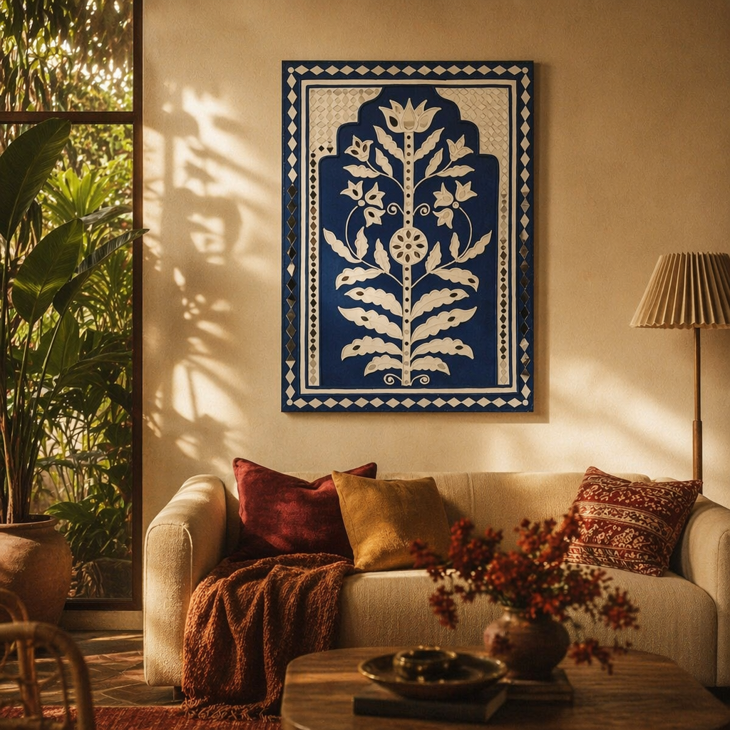 Persian Blue Lippan Wall Hanging Jodhpur Motif, The Art Wall. Handmade in India by House of Taraasha.