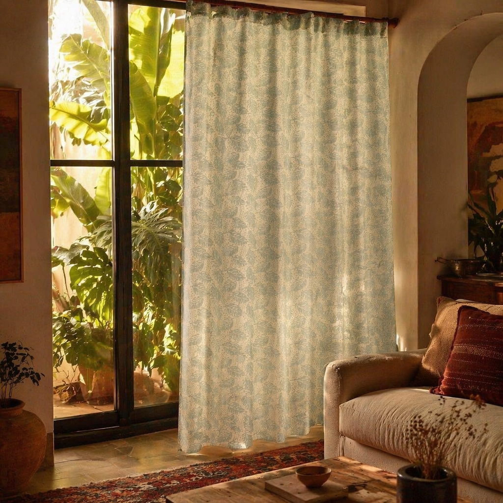 Karhuwa Summer Leaves Cutwork Sky Blue Sheer Curtain, The Draped Window. Handmade in India by House of Taraasha.