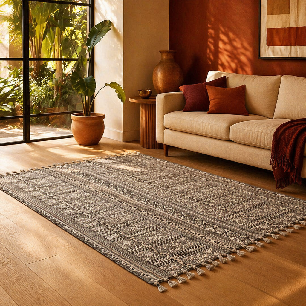 Monochrome Hand Block-Printed Black and White Floor Rug, The Woven Floor. Handmade in India by House of Taraasha.