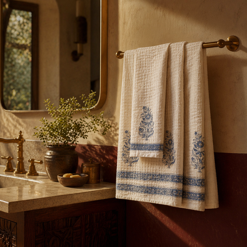 Off White and Blue Hand Block-Printed Towel Set, The Linen Room. Handmade in India by House of Taraasha.
