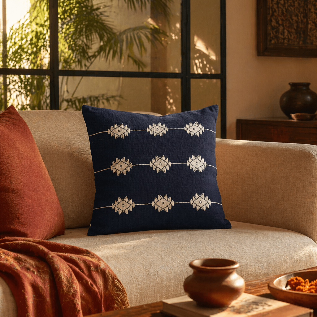 Naga White Flower Backstrap-Loom Woven Cotton Cushion Cover, The Living Room. Handmade in India by House of Taraasha.
