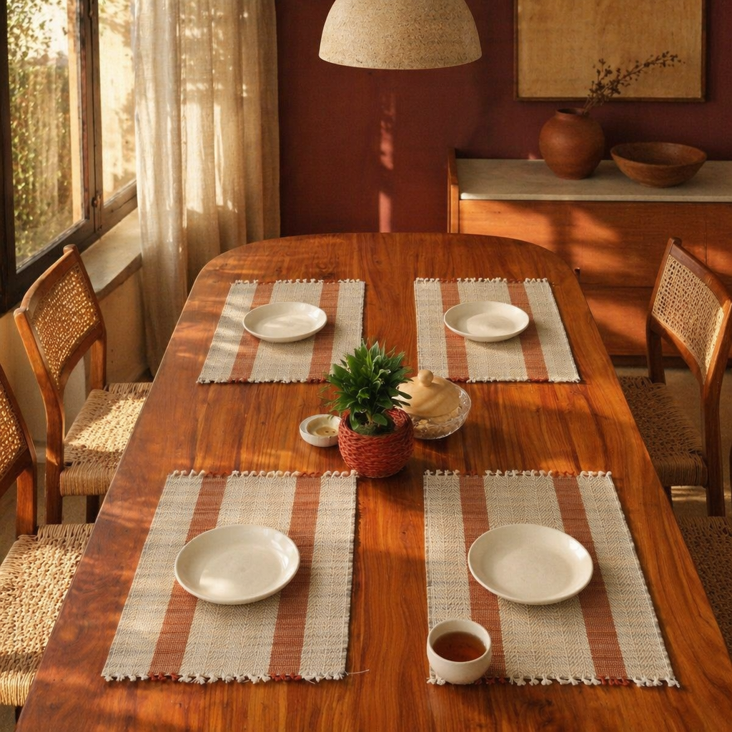 Rust & Off-White Madur Grass Table Mat, The Gathered Table. Handmade in India by House of Taraasha.