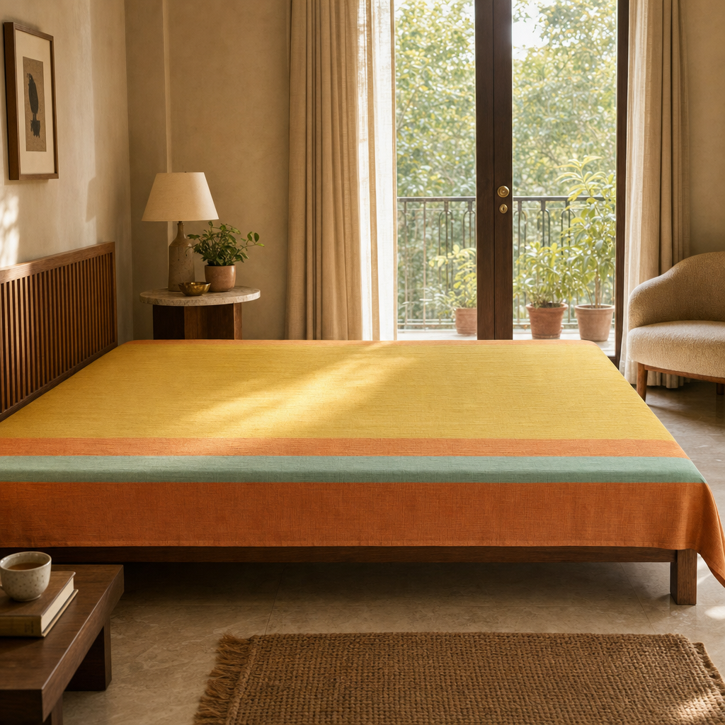 Marigold Citrine Yellow and Green Woven Bed Cover in a modern home