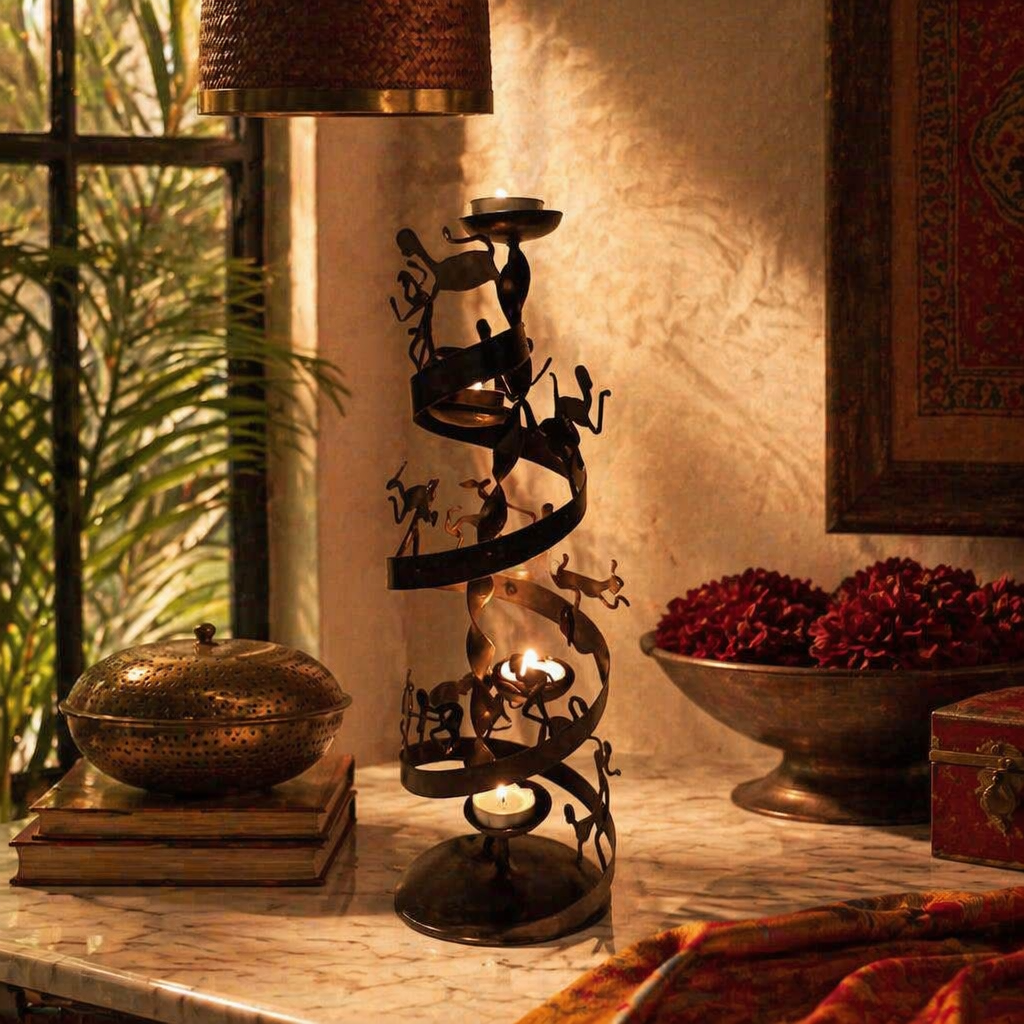 Bastar Wrought Iron Spiral Tealight Holder, Still Light. Handmade in India by House of Taraasha.