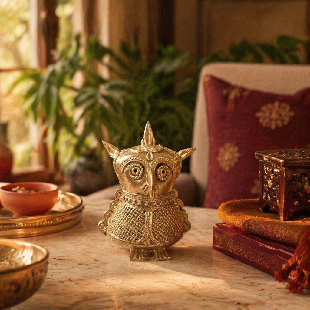 Dhokra Brass Owl Bastar Lost-Wax Casting, Tribal Stories. Handmade in India by House of Taraasha.