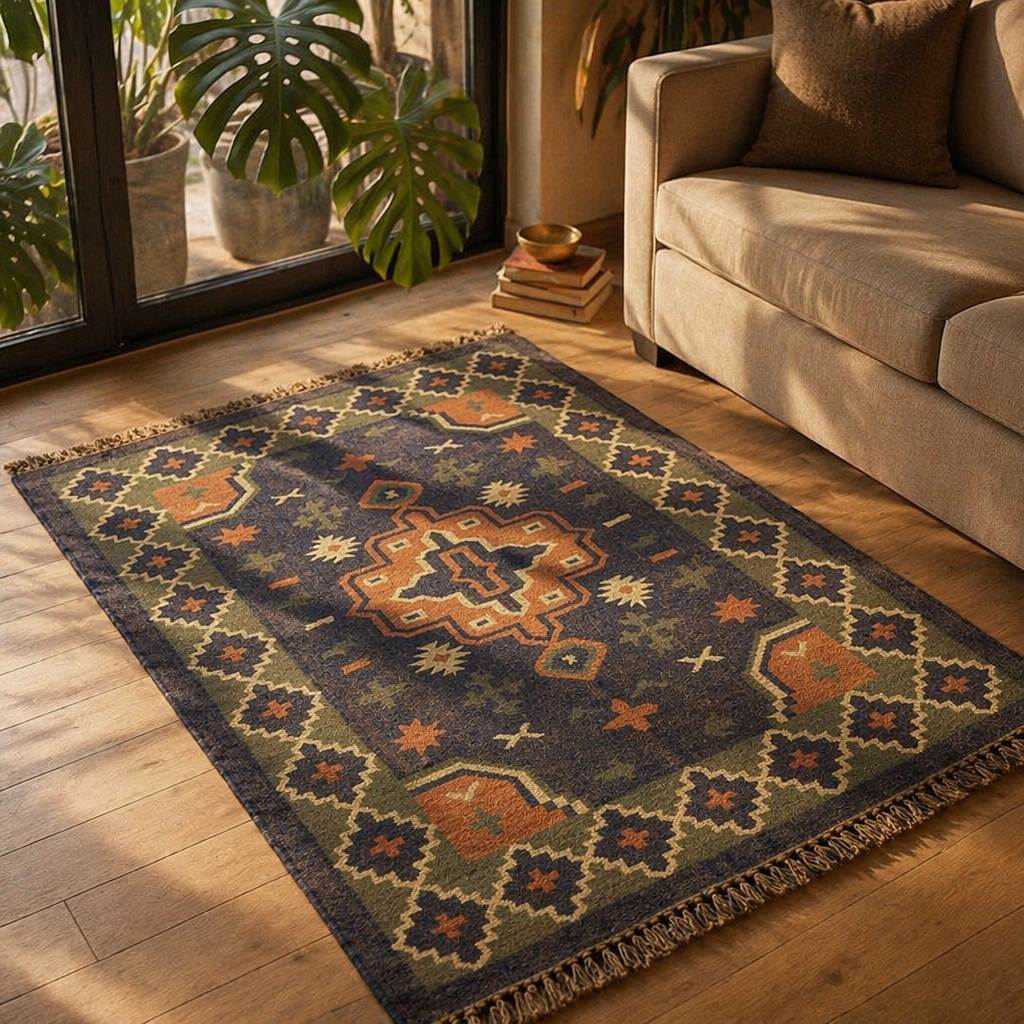 Geometric Indigo Punja-Woven Jute and Wool Rug, The Woven Floor. Handmade in India by House of Taraasha.